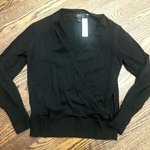 Black wrap sweater, merino wool. V neck opening